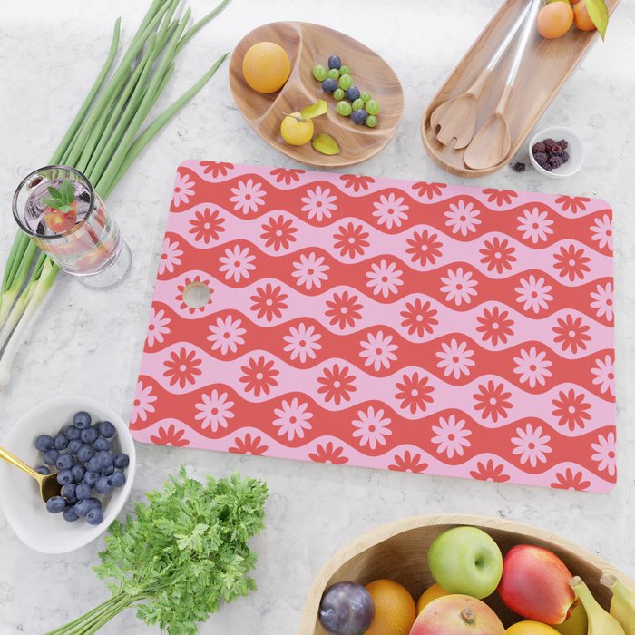 Retro Wavy Stripes with Flowers in Pink & Red Cutting Board Gallery Image 2