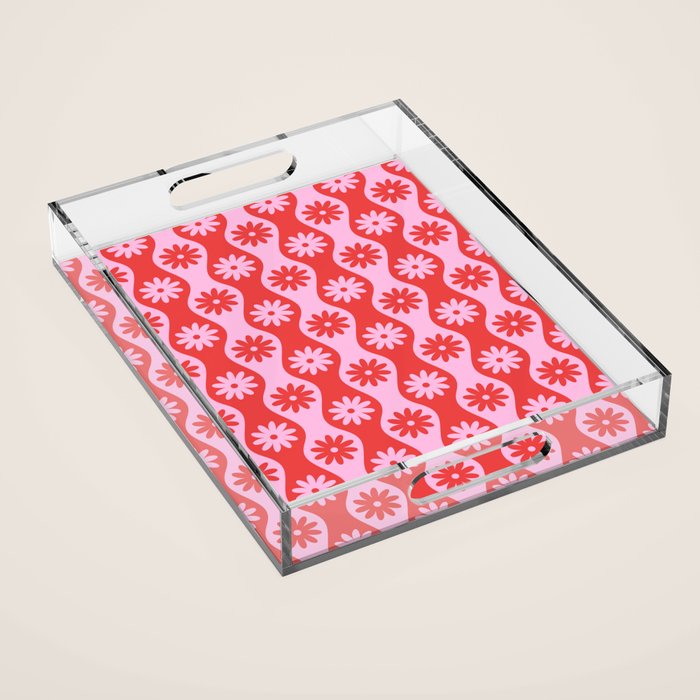 Retro Wavy Stripes with Flowers in Pink & Red Acrylic Tray Gallery Image 1