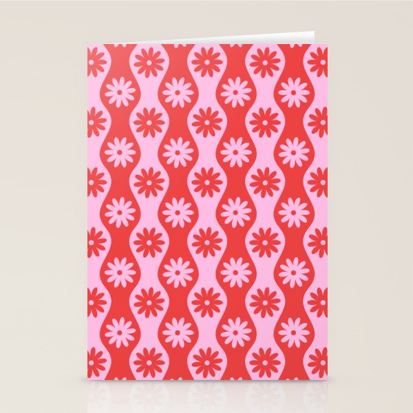 Retro Wavy Stripes with Flowers in Pink & Red Stationery Card Gallery Image 2