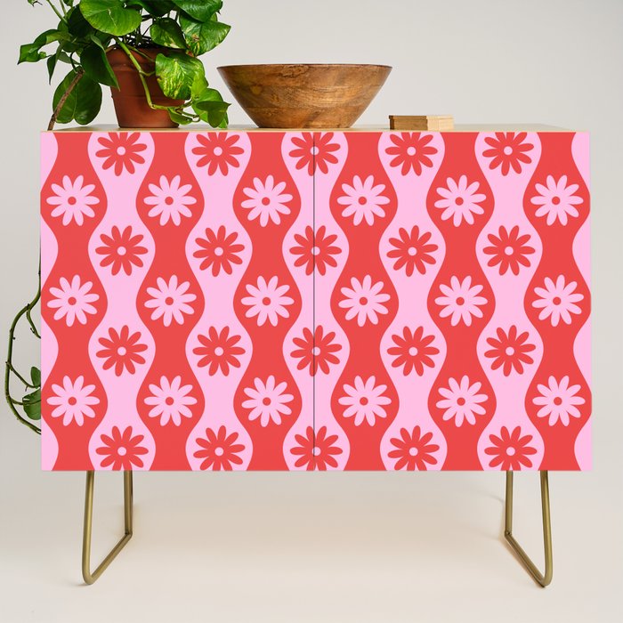 Retro Wavy Stripes with Flowers in Pink & Red Credenza Gallery Image 1