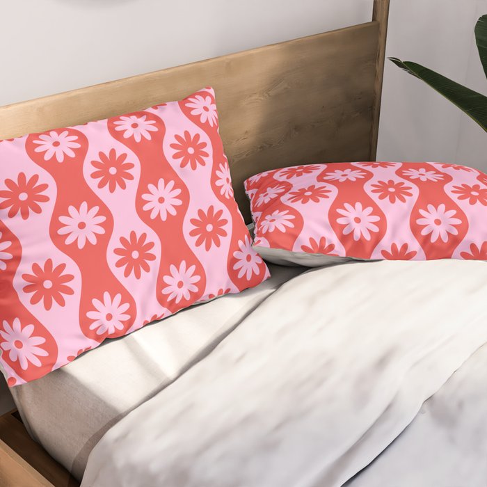 Retro Wavy Stripes with Flowers in Pink & Red Pillow Sham Gallery Image 2