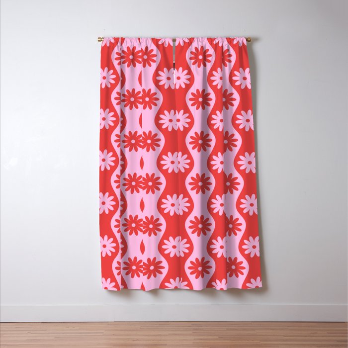 Retro Wavy Stripes with Flowers in Pink & Red Window Curtain Gallery Image 3