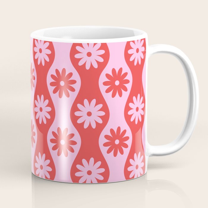 Retro Wavy Stripes with Flowers in Pink & Red Coffee Mug Gallery Image 1