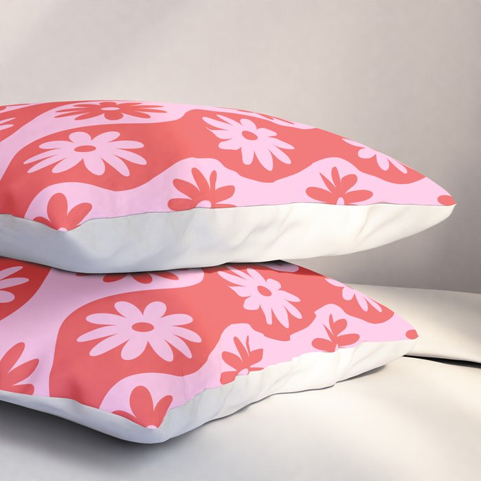 Retro Wavy Stripes with Flowers in Pink & Red Pillow Sham Gallery Image 3