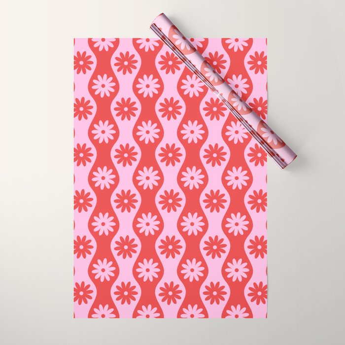 Retro Wavy Stripes with Flowers in Pink & Red Wrapping Paper Gallery Image 1