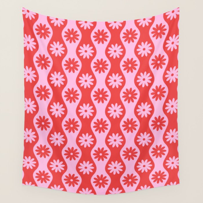 Retro Wavy Stripes with Flowers in Pink & Red Wall Tapestry Gallery Image 4