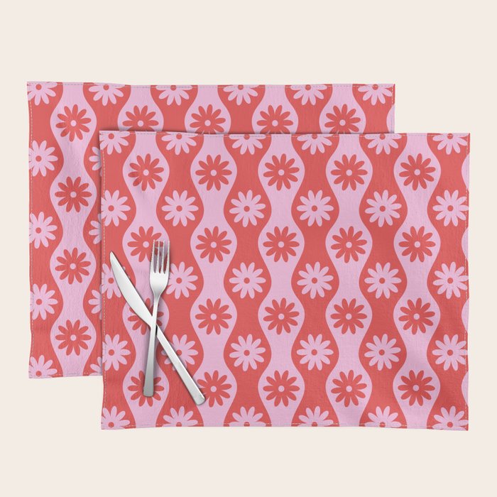 Retro Wavy Stripes with Flowers in Pink & Red Placemat Gallery Image 1