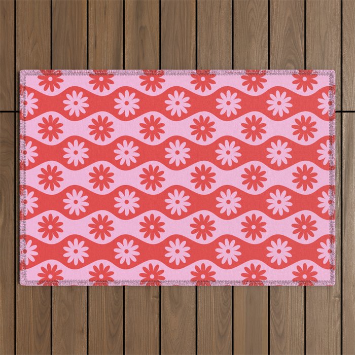 Retro Wavy Stripes with Flowers in Pink & Red Outdoor Rug Gallery Image 1