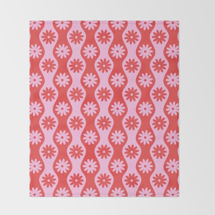 Retro Wavy Stripes with Flowers in Pink & Red Throw Blanket Gallery Image 2