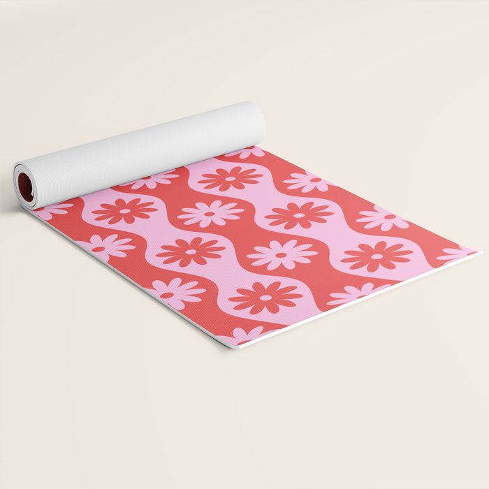 Retro Wavy Stripes with Flowers in Pink & Red Yoga Mat Gallery Image 2