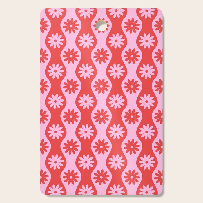 Retro Wavy Stripes with Flowers in Pink & Red Cutting Board Gallery Image 1