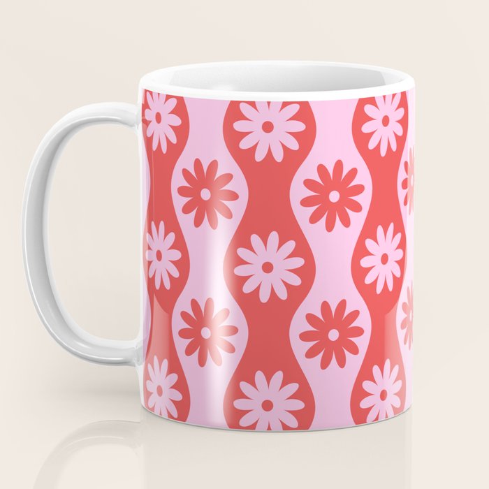 Retro Wavy Stripes with Flowers in Pink & Red Coffee Mug Gallery Image 3