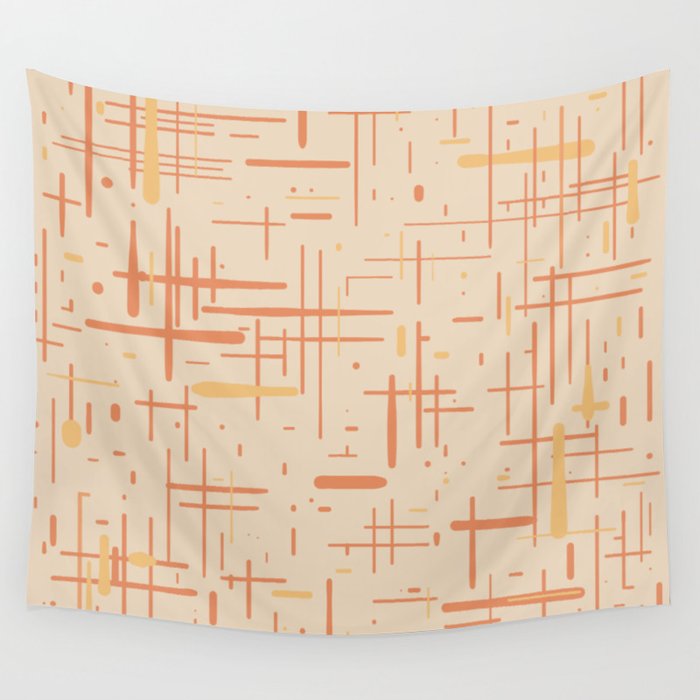 Mid-Century Modern Kinetikos Pattern in Soft Muted Orange Tones Wall Tapestry Gallery Image 1