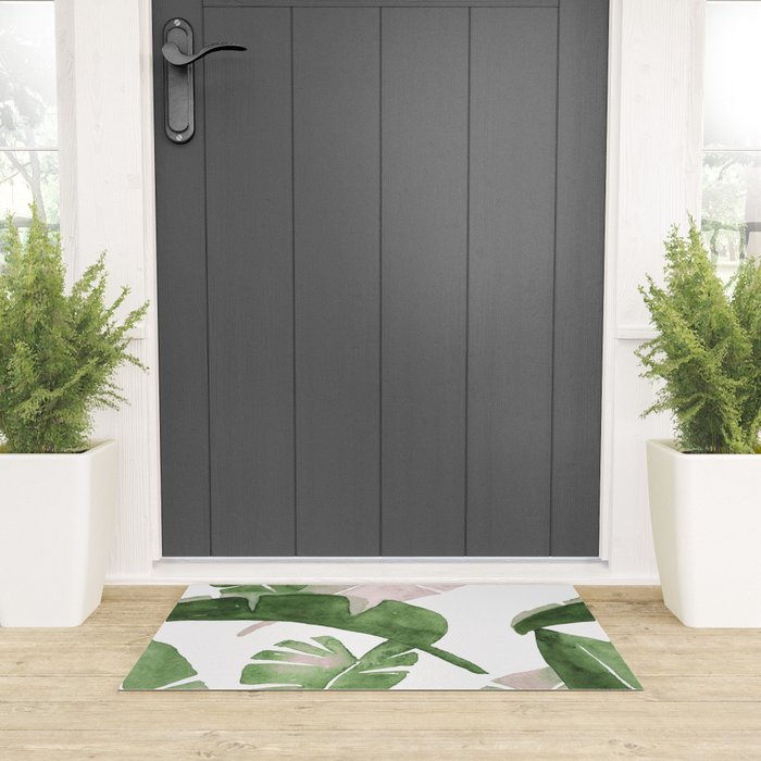Tropical Leaves Green And Pink Welcome Mat Gallery Image 3