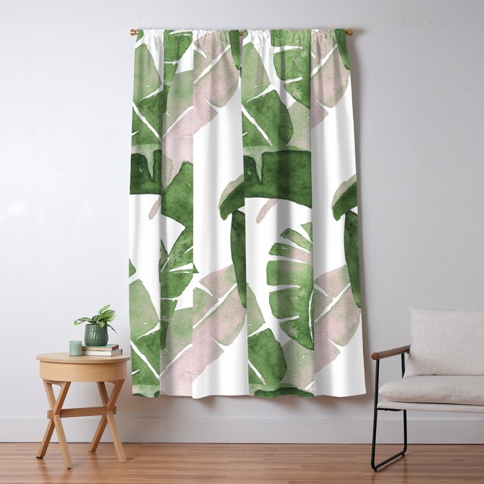 Tropical Leaves Green And Pink Window Curtain Gallery Image 1