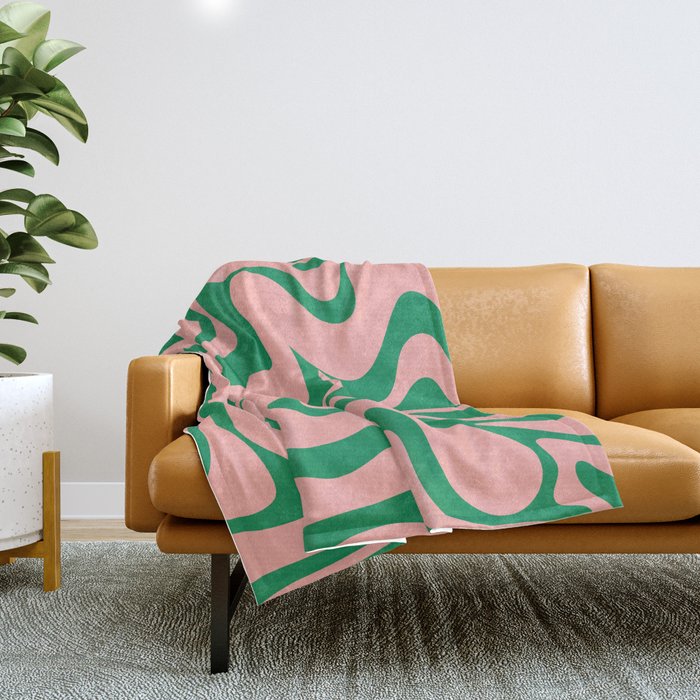 Liquid Swirl Retro Abstract Pattern in Pink and Bright Green Throw Blanket Gallery Image 1