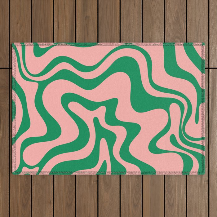 Liquid Swirl Retro Abstract Pattern in Pink and Bright Green Outdoor Rug Gallery Image 1
