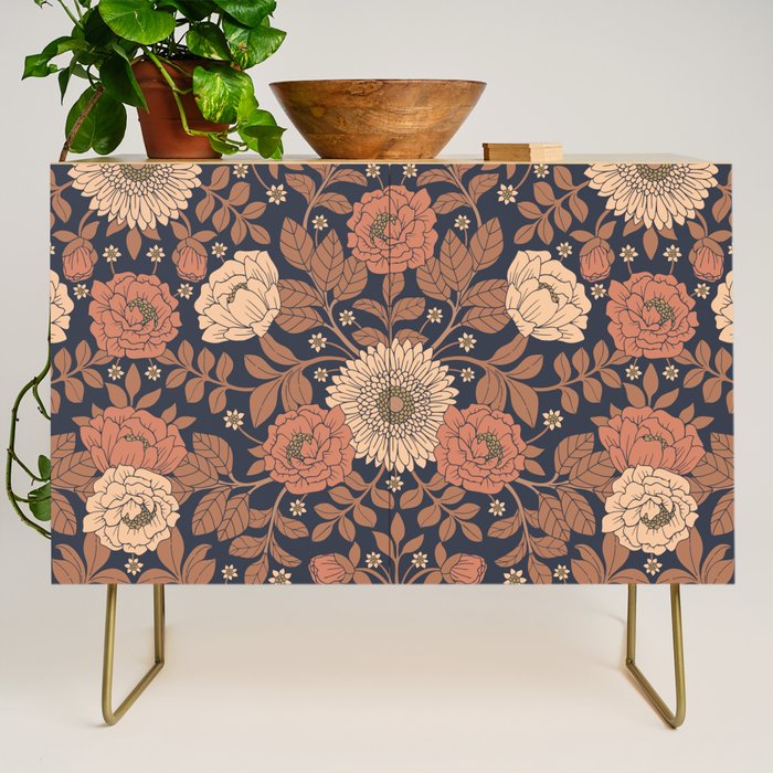 Peach, Dusty Rose, Mauve & Blue-Gray Floral Pattern Credenza Gallery Image 1
