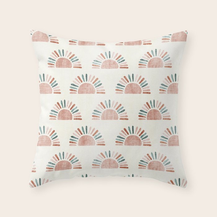 block print suns - jade and dusty rose Throw Pillow Gallery Image 1