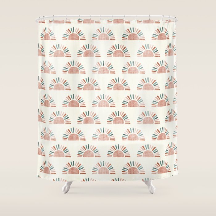 block print suns - jade and dusty rose Shower Curtain Gallery Image 1