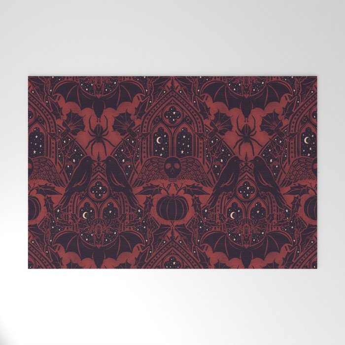 Gothic Halloween Damask - Red black and white  Welcome Mat Gallery Image 1