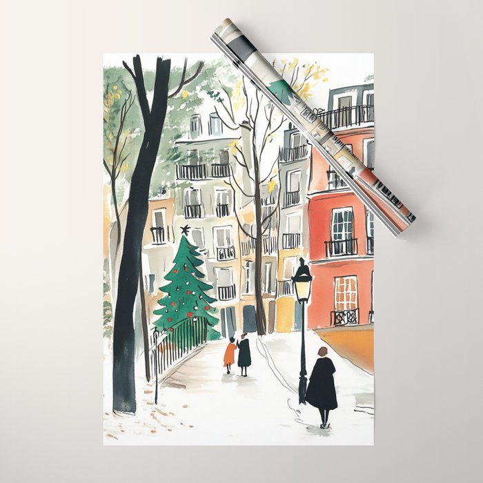 Parisian Christmas Street Scene Wrapping Paper Gallery Image 1