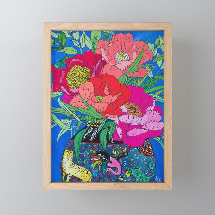 Bright Peony Bouquet in Tropical Rainbow Cheetah and Bird Maximalist Vase Painting Mini Art Print Gallery Image 1