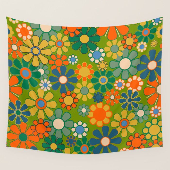 Retro Garden Flowers Groovy 60s 70s Multicolor Floral Pattern Wall Tapestry Gallery Image 4