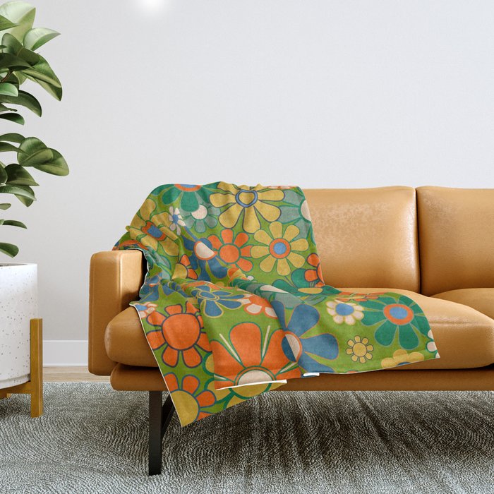 Retro Garden Flowers Groovy 60s 70s Multicolor Floral Pattern Throw Blanket Gallery Image 1