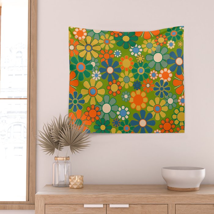 Retro Garden Flowers Groovy 60s 70s Multicolor Floral Pattern Wall Tapestry Gallery Image 2
