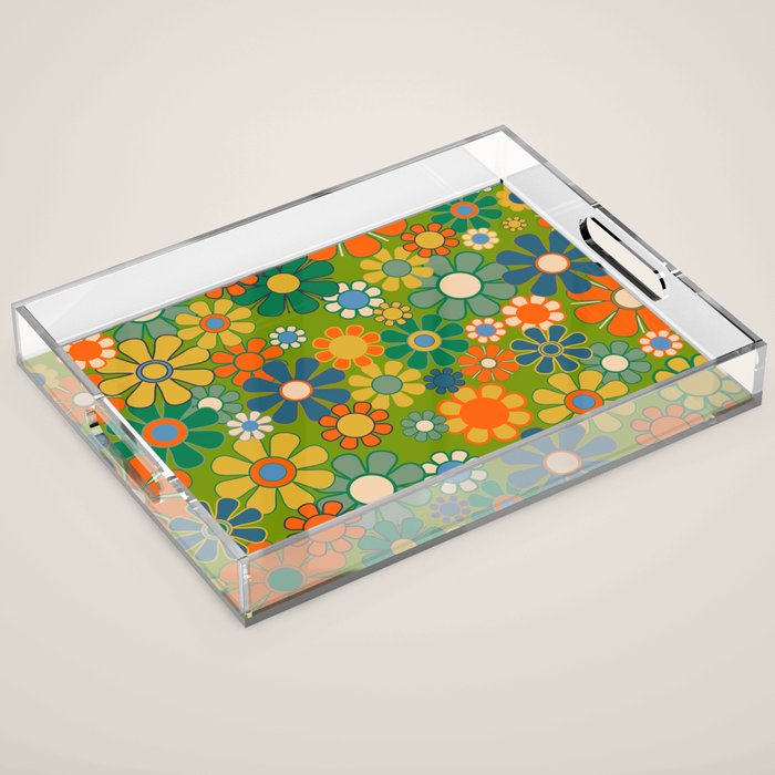 Retro Garden Flowers Groovy 60s 70s Multicolor Floral Pattern Acrylic Tray Gallery Image 1