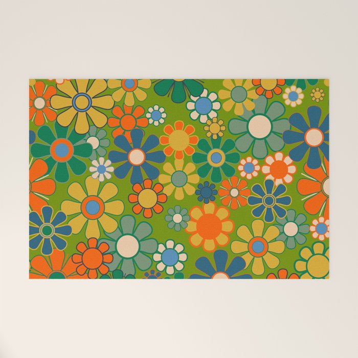 Retro Garden Flowers Groovy 60s 70s Multicolor Floral Pattern Welcome Mat Gallery Image 1