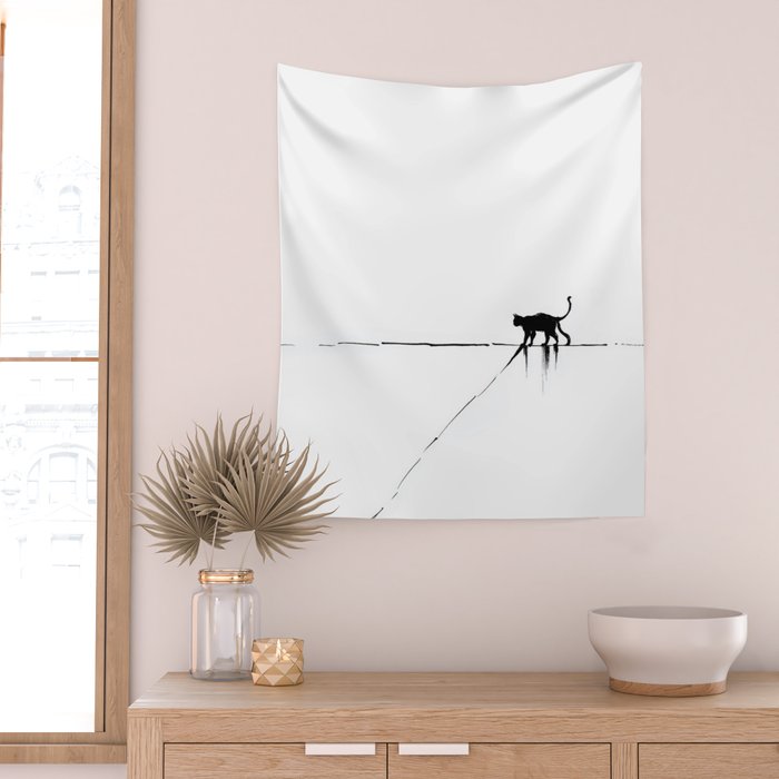 Minimal Cat on a Line Wall Tapestry Gallery Image 2