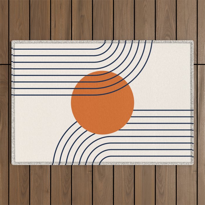 Geometric Lines in Navy Blue Orange 1 (Rainbow Abstraction) Outdoor Rug Gallery Image 1