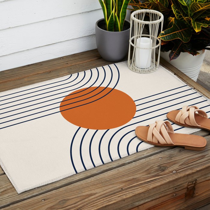 Geometric Lines in Navy Blue Orange 1 (Rainbow Abstraction) Outdoor Rug Gallery Image 2