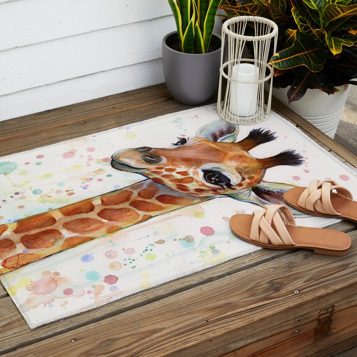 Giraffe Baby Watercolor Outdoor Rug Gallery Image 2
