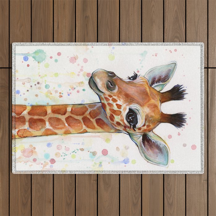 Giraffe Baby Watercolor Outdoor Rug Gallery Image 1