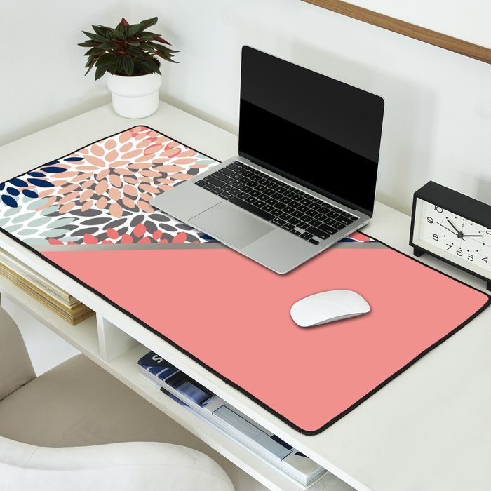 Modern, Floral Prints, with Block Color, Coral, Aqua, Blue Desk Mat Gallery Image 2