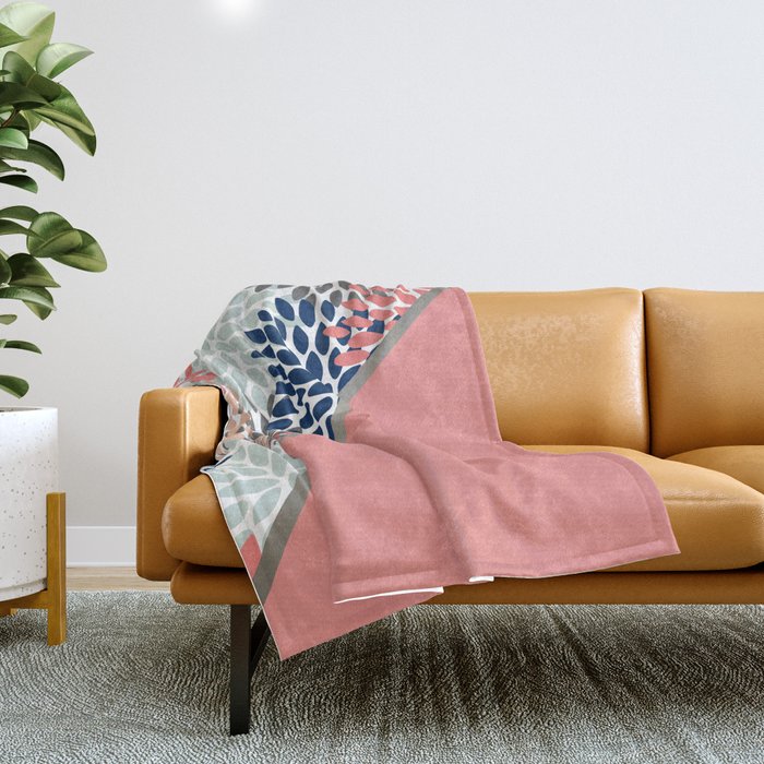 Modern, Floral Prints, with Block Color, Coral, Aqua, Blue Throw Blanket Gallery Image 1