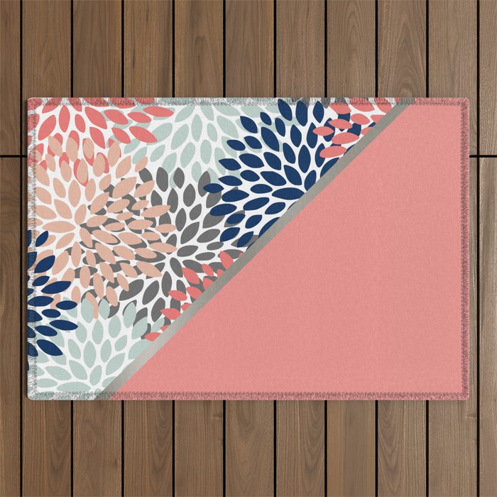 Modern, Floral Prints, with Block Color, Coral, Aqua, Blue Outdoor Rug Gallery Image 1