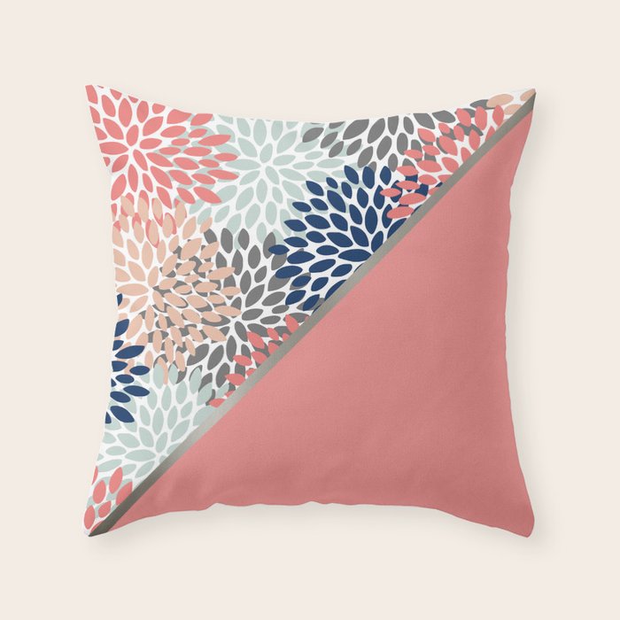 Modern, Floral Prints, with Block Color, Coral, Aqua, Blue Throw Pillow Gallery Image 1