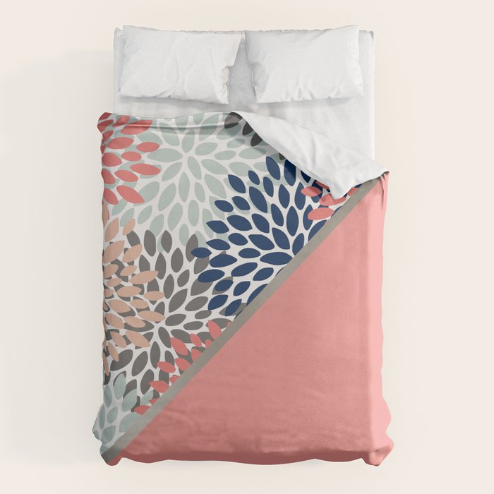 Modern, Floral Prints, with Block Color, Coral, Aqua, Blue Duvet Cover Gallery Image 1