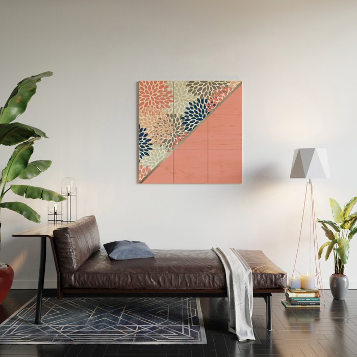 Modern, Floral Prints, with Block Color, Coral, Aqua, Blue Wood Wall Art Gallery Image 2