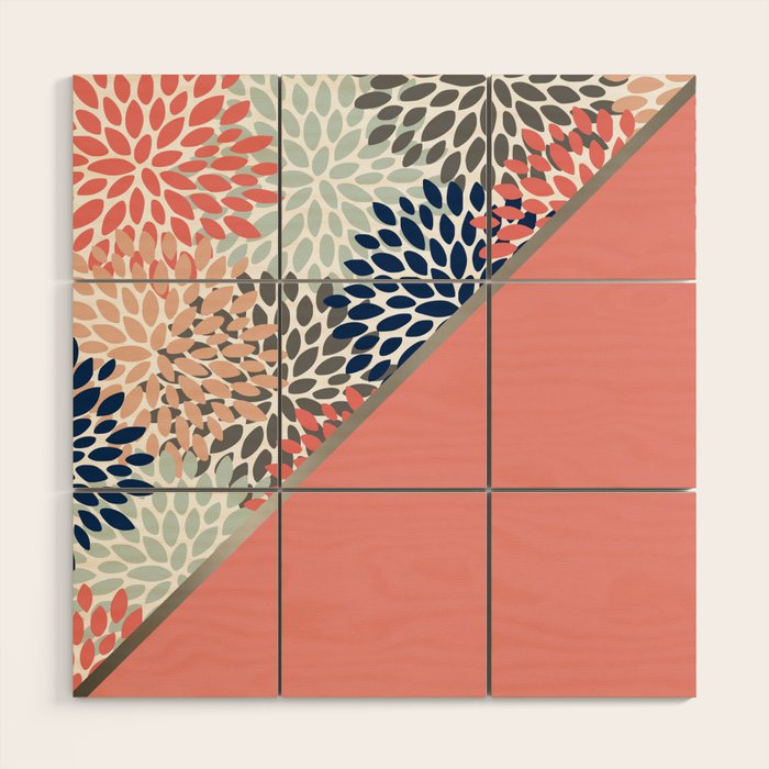 Modern, Floral Prints, with Block Color, Coral, Aqua, Blue Wood Wall Art Gallery Image 1