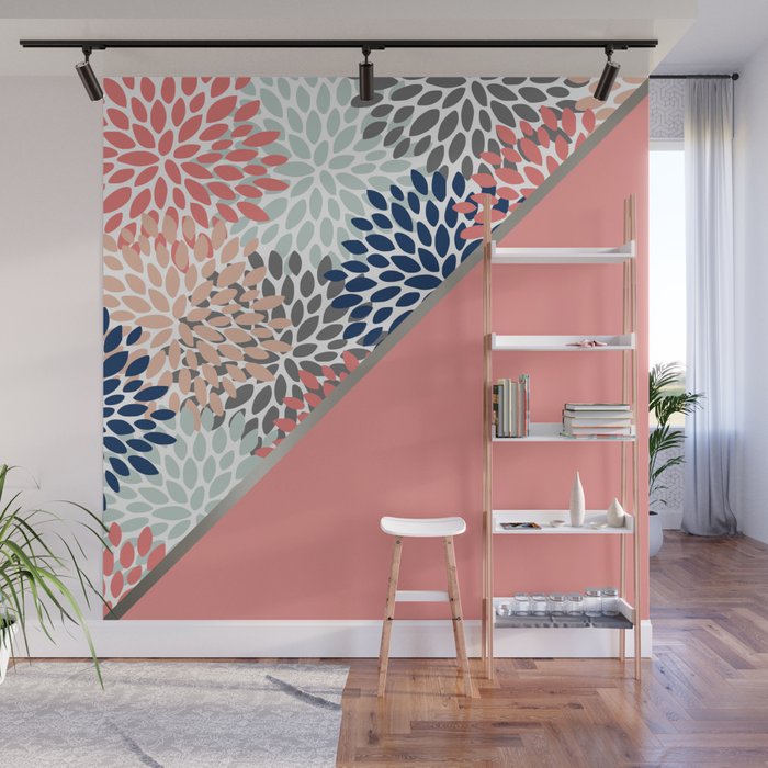 Modern, Floral Prints, with Block Color, Coral, Aqua, Blue Wall Mural Gallery Image 1