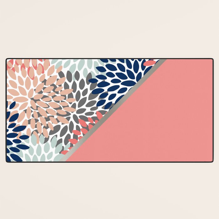 Modern, Floral Prints, with Block Color, Coral, Aqua, Blue Desk Mat Gallery Image 3
