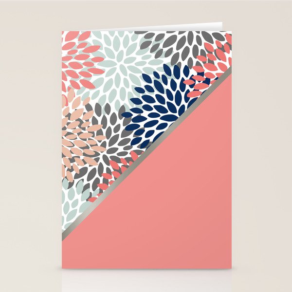 Modern, Floral Prints, with Block Color, Coral, Aqua, Blue Stationery Card Gallery Image 1