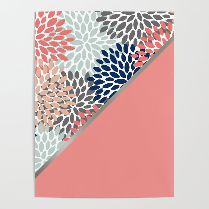 Modern, Floral Prints, with Block Color, Coral, Aqua, Blue Poster Gallery Image 4