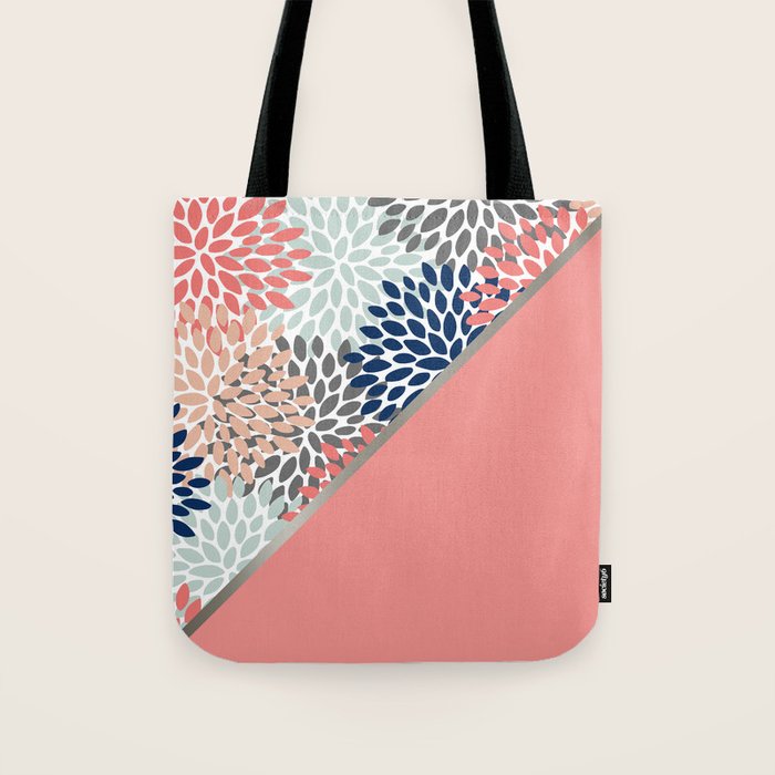 Modern, Floral Prints, with Block Color, Coral, Aqua, Blue Tote Bag Gallery Image 1