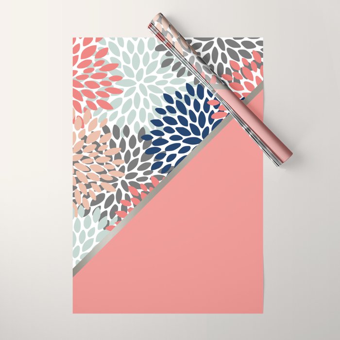 Modern, Floral Prints, with Block Color, Coral, Aqua, Blue Wrapping Paper Gallery Image 1